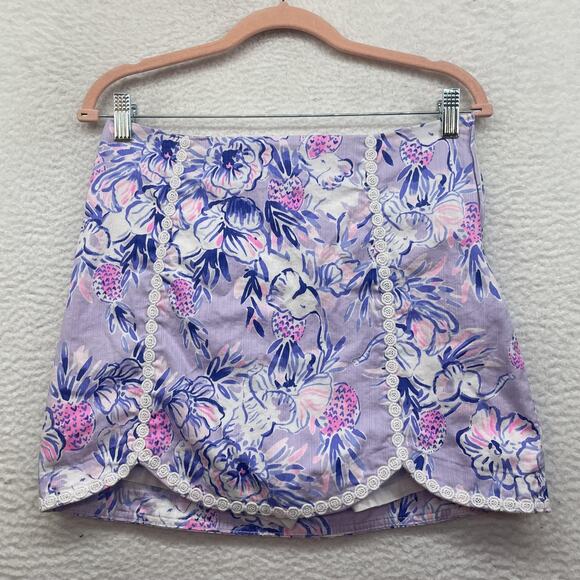 Lilly Pulitzer Skort Womens Small Purple Pink Floral Scallop Trim Side Zip Beach - Picture 1 of 11